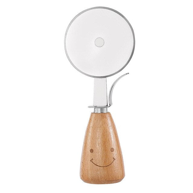 Stainless steel pizza cutter with wooden handle and smiley face