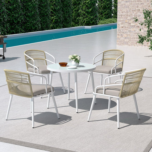 4 Seater Outdoor Handwoven Rope Chair Dining Set - White-0