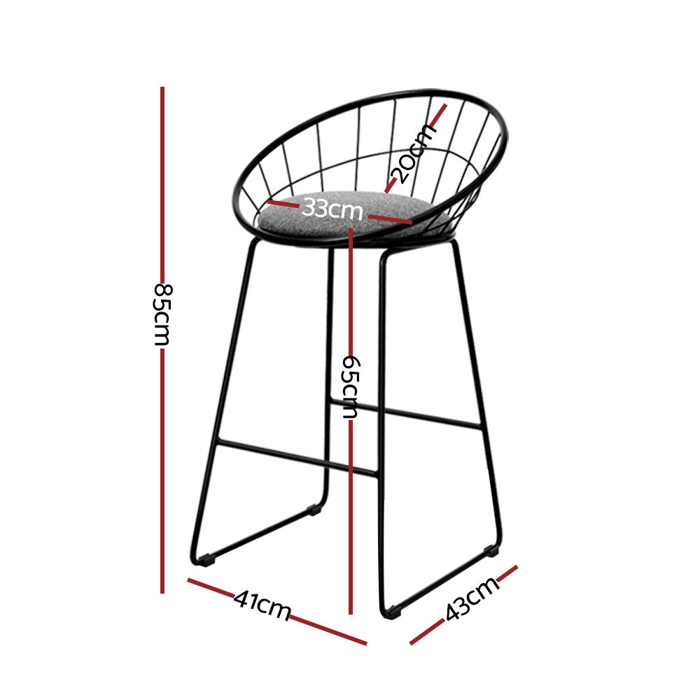 Steel bar stool with grey cushioned seating with dimensions