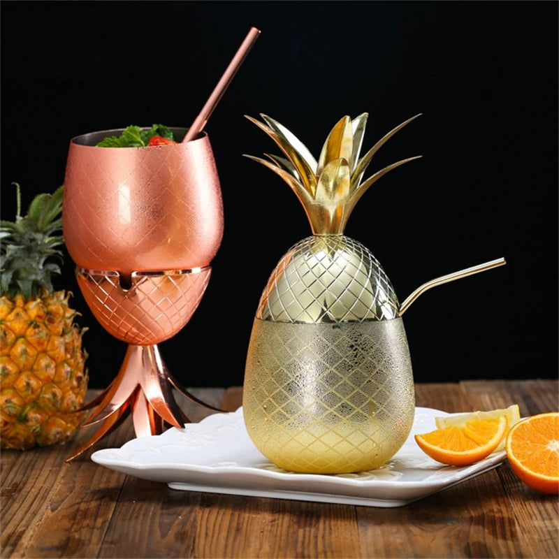 Small rose copper and gold metallic pineapple cocktail mug shown with top on and as stem stand