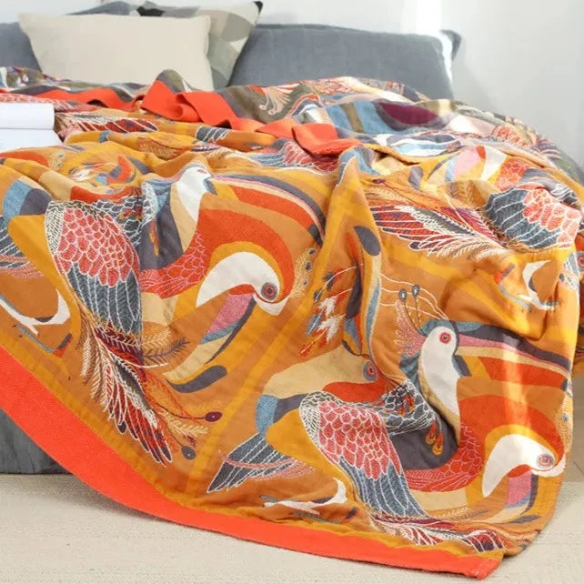 Bright cotton 6 layer gauze throw blanket with  toucans and flowers