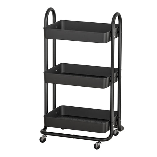 Storage Trolley Kitchen Cart 3 Tiers Rack Shelf Organiser Wheels Black-0