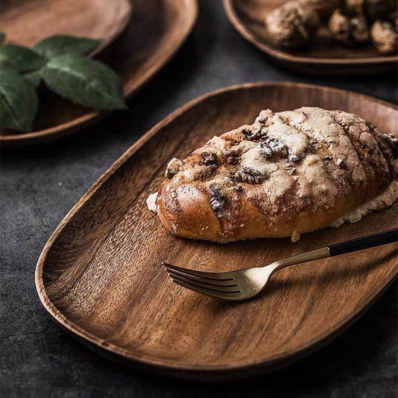 Wooden timber platters various sizes and shapes with bread