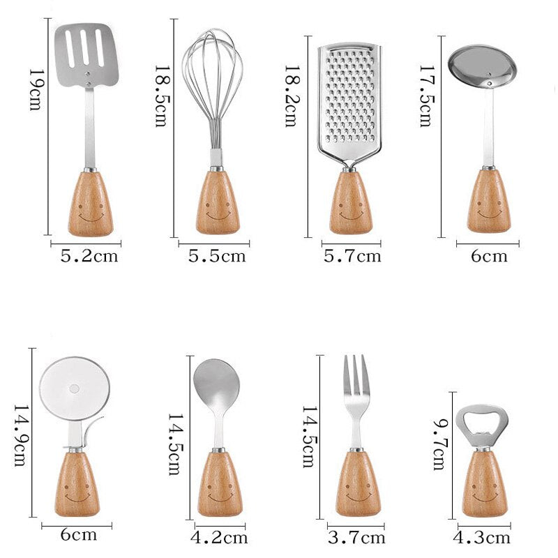 Dimensions for Stainless steel kitchen utensils with wooden handle and smiley face