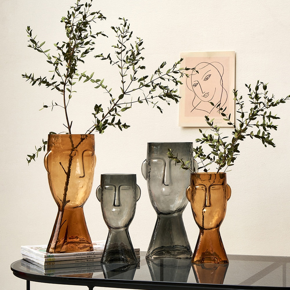 Amber and black glass and crystal abstract vases