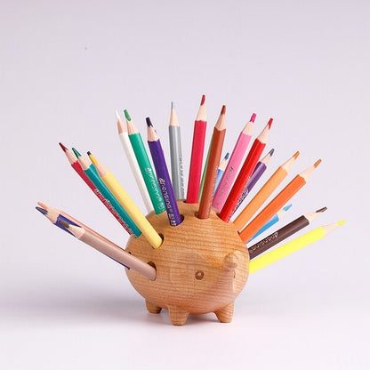 Timber hedgehog pen pencil holder with pencils