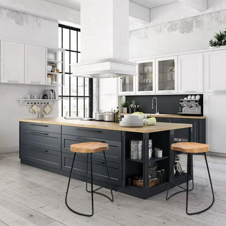 Elm wood and metal bar stools in kitchen