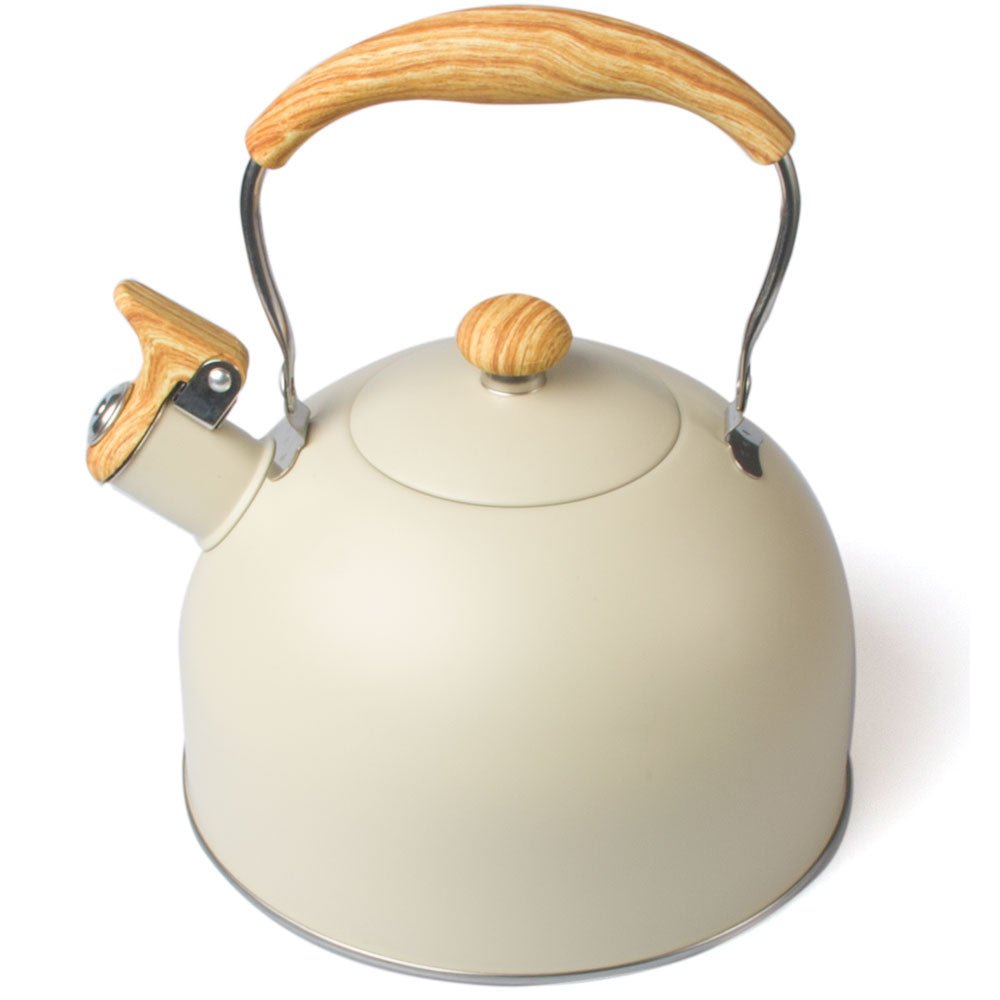 Stainless steel 2.5 Litre whistling stovetop cream kettle with wooden accents