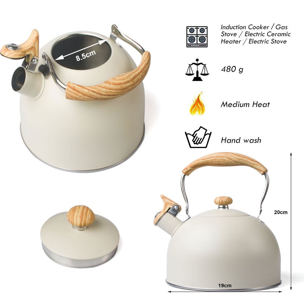 Stainless steel 2.5 Litre whistling stovetop cream kettle with wooden accents and notations