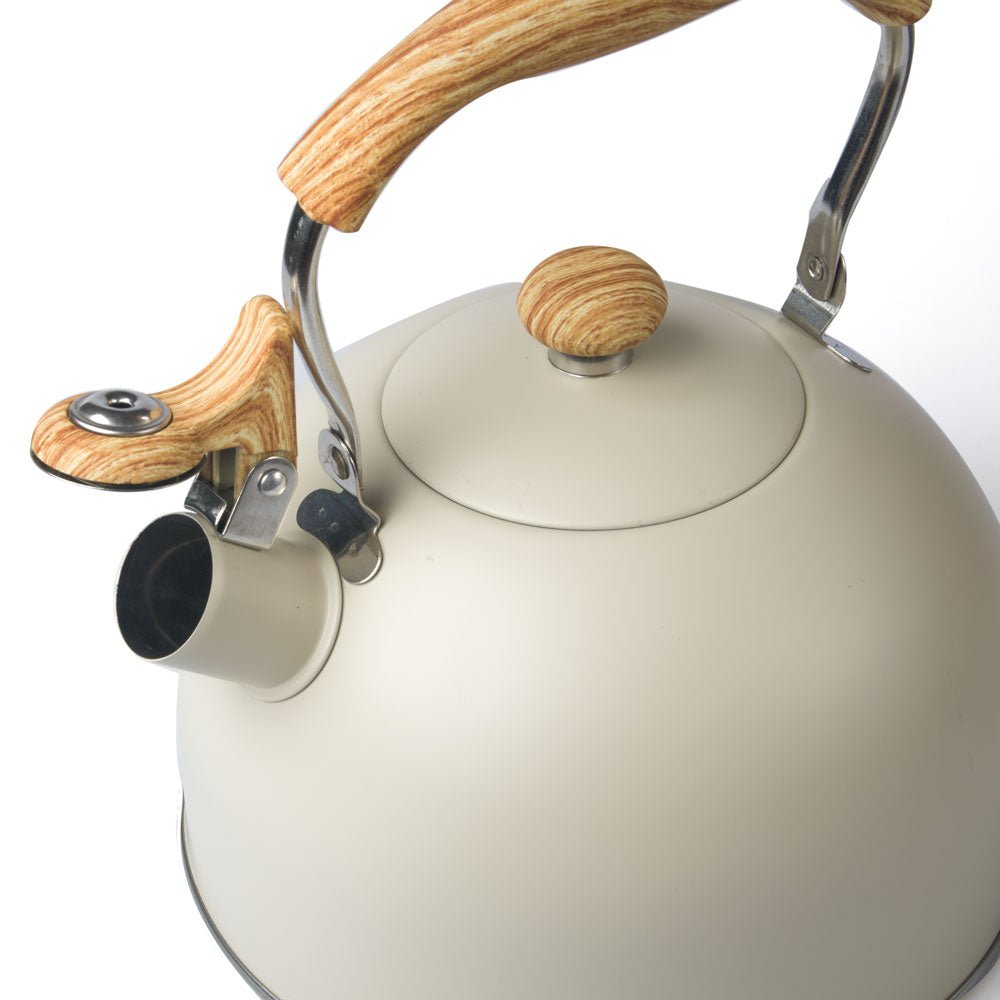 Stainless steel 2.5 Litre whistling stovetop cream kettle with wooden accents