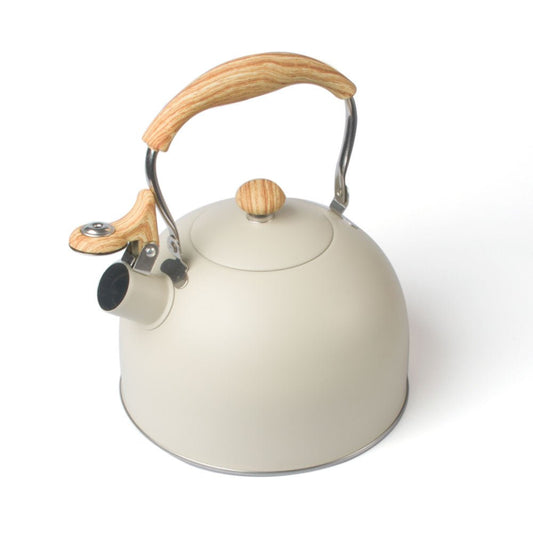 Stainless steel 2.5 Litre whistling stovetop cream kettle with wooden accents