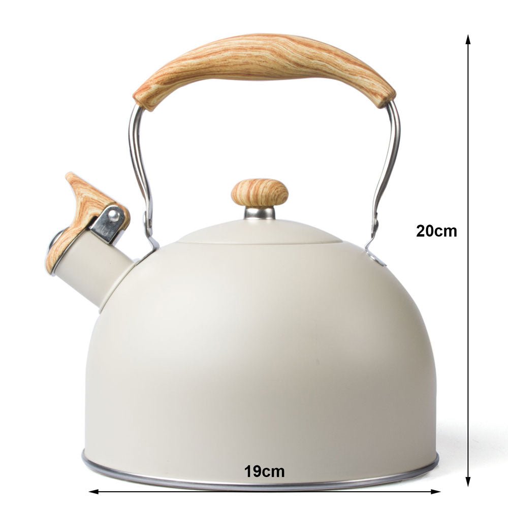 Stainless steel 2.5 Litre whistling stovetop cream kettle with wooden accents with dimensions