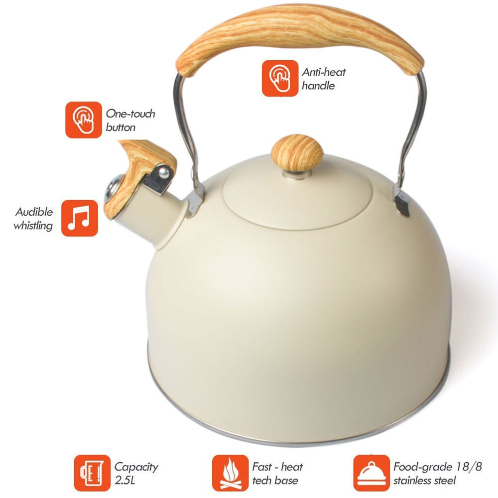 Stainless steel 2.5 Litre whistling stovetop cream kettle with wooden accents and notations