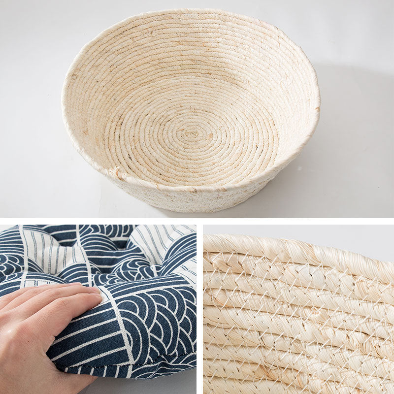 Woven basket with close ups of cushion and basket