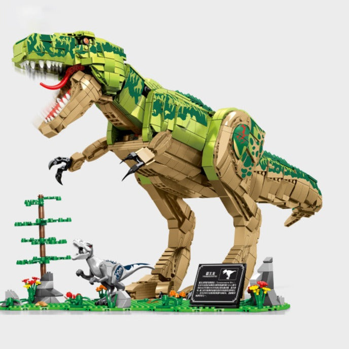 Green tyrannosaurus rex dinosaur puzzle completed with scene