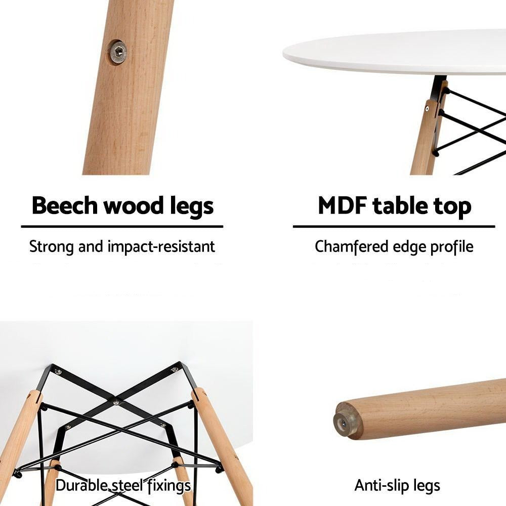 Details and notations on white 4 seater dining table with solid beech wood legs