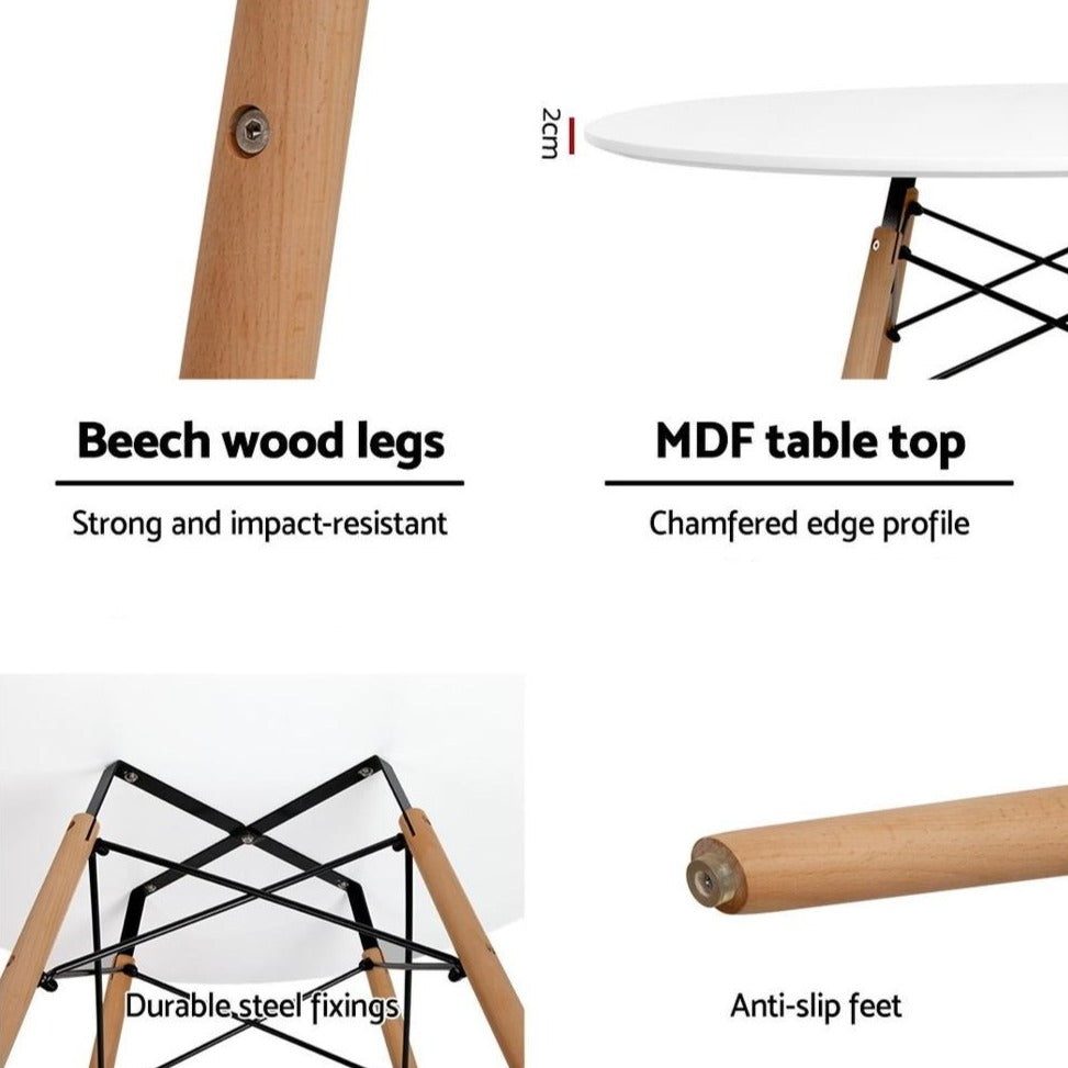 White 4 seater dining table with solid beech wood legs with notations a bout details