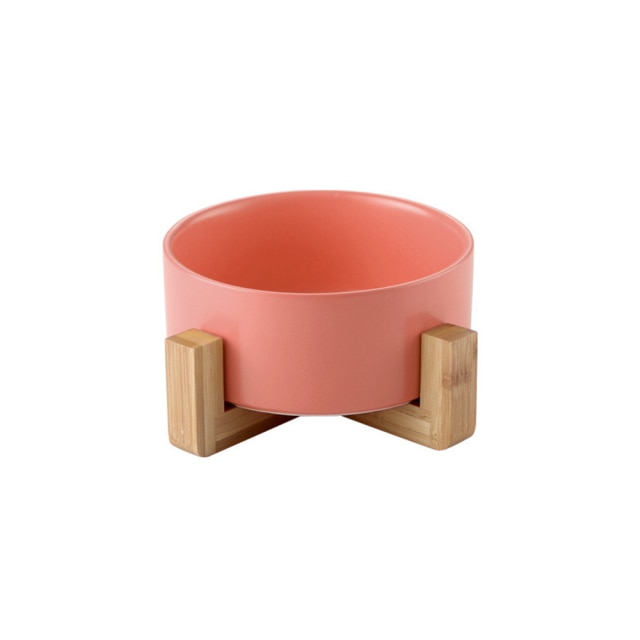 Pink ceramic pet bowl bamboo stand