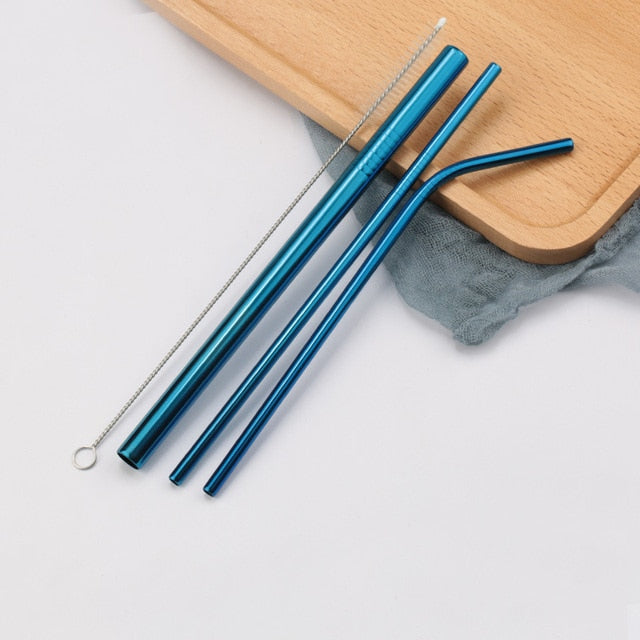 Three blue stainless steel straws with cleaning brush