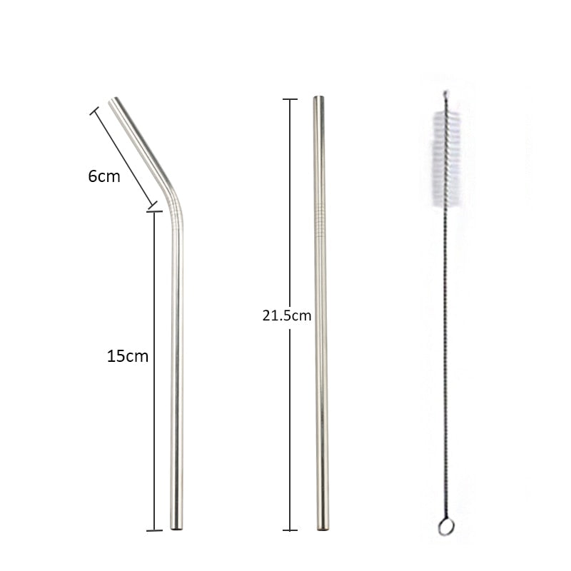 Bent and straight stainless steel straws and cleaning brush with dimensions