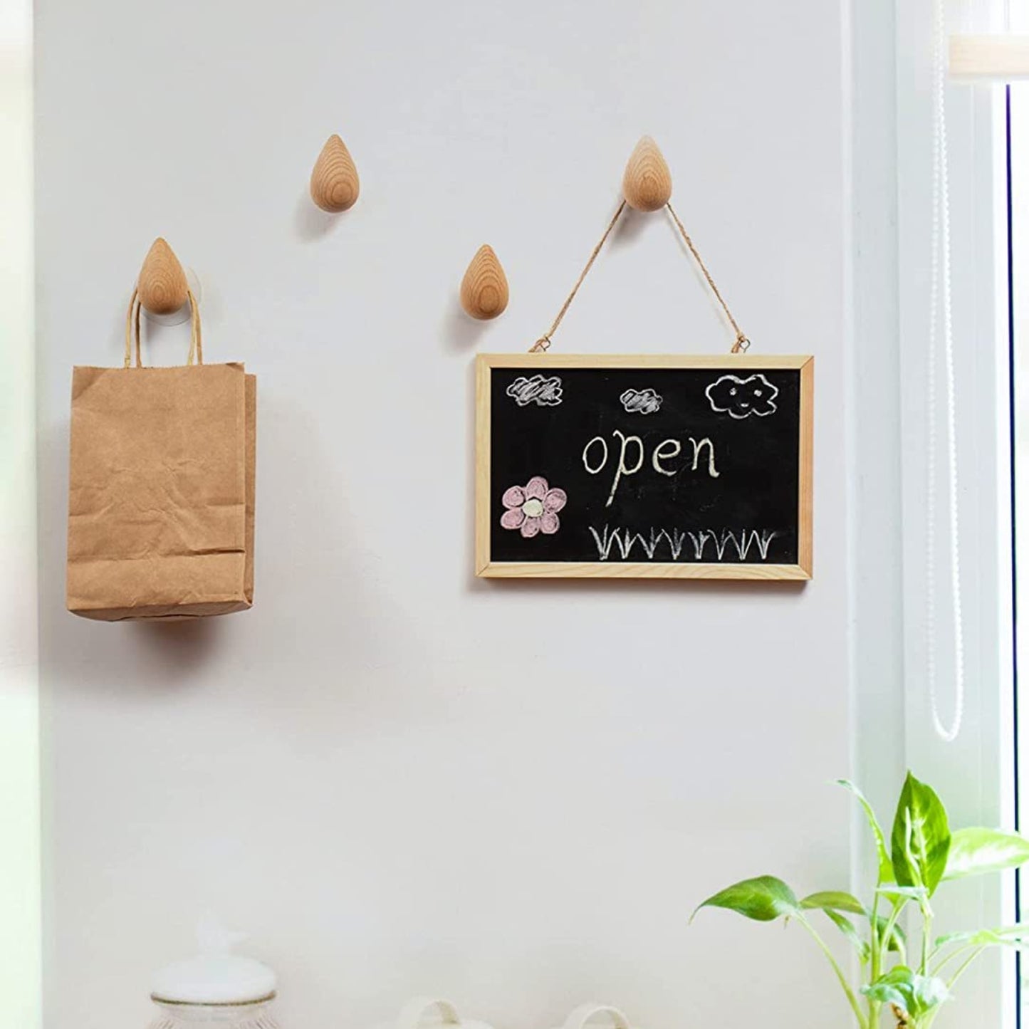 Timber wood raindrop wall hooks with back and chalkboard