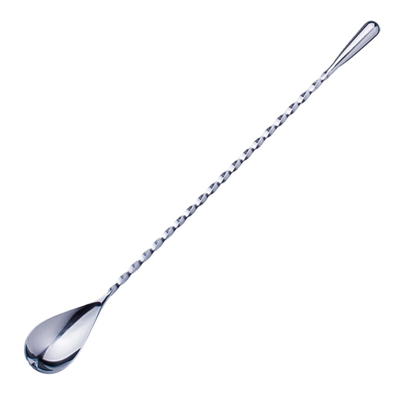 Silver cocktail spoon with twisted metal handle and teardrop top