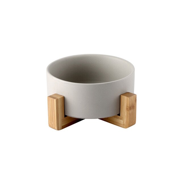 Grey ceramic pet bowl bamboo stand