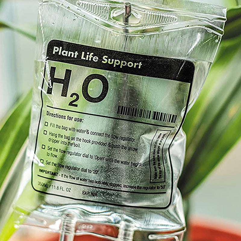 Close up of bag with instructions for using the plant life support drip watering system