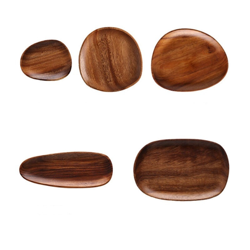 Five wooden timber platters various sizes and shapes