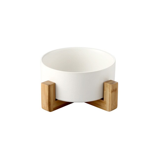 White ceramic pet bowl bamboo stand