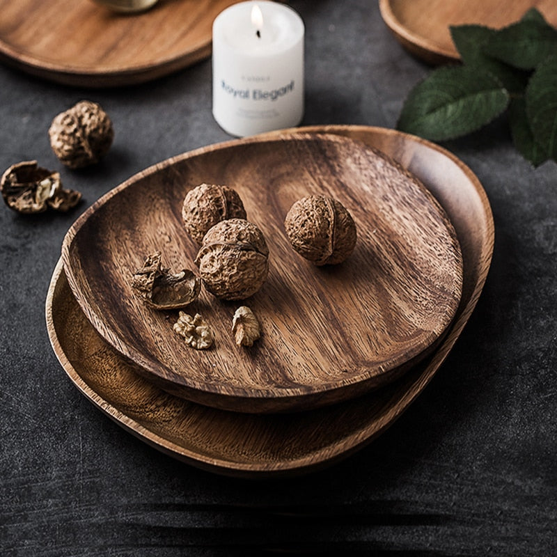 Wooden timber platters various sizes and shapes with walnuts