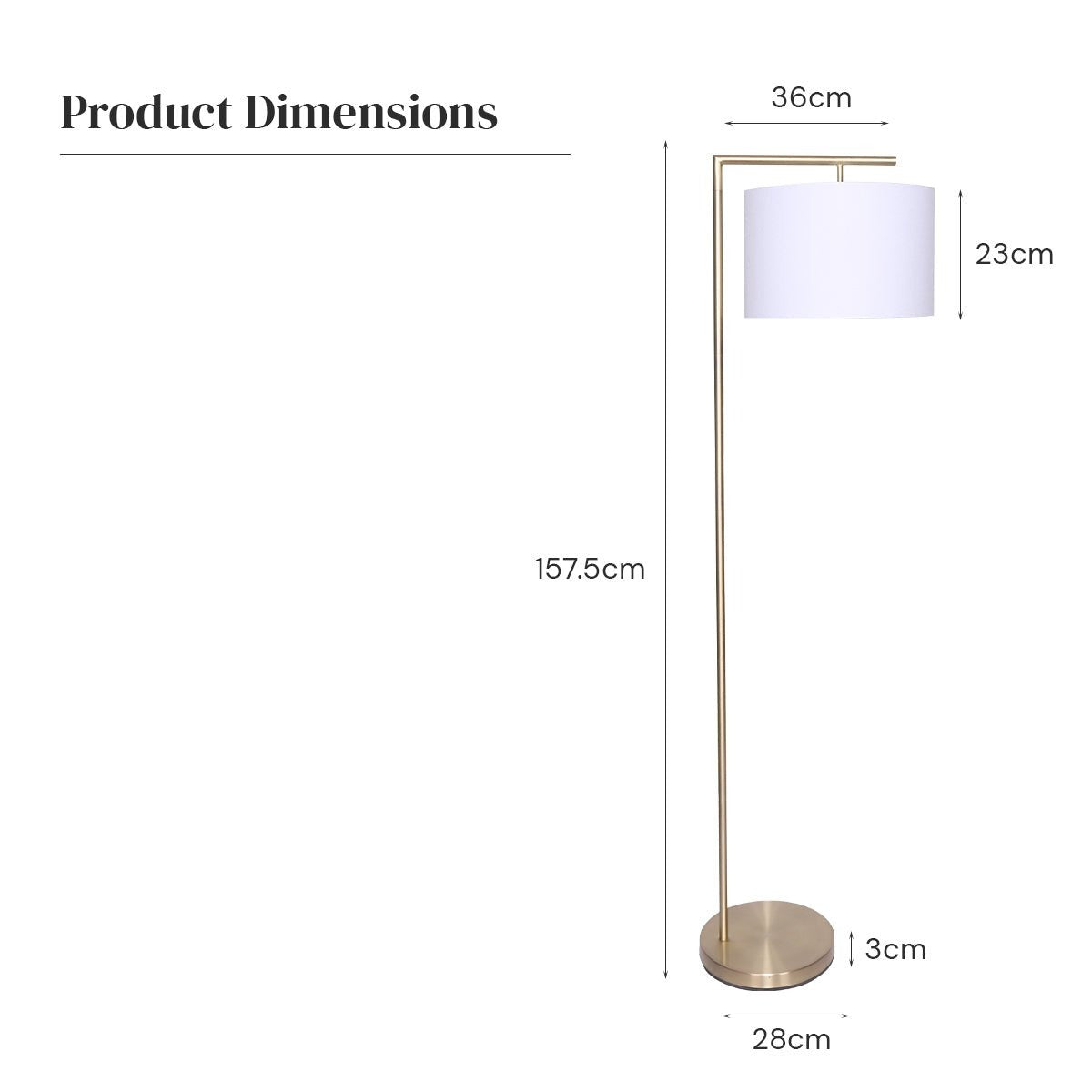 Modern metal lamp with brass finish white shade with dimensions