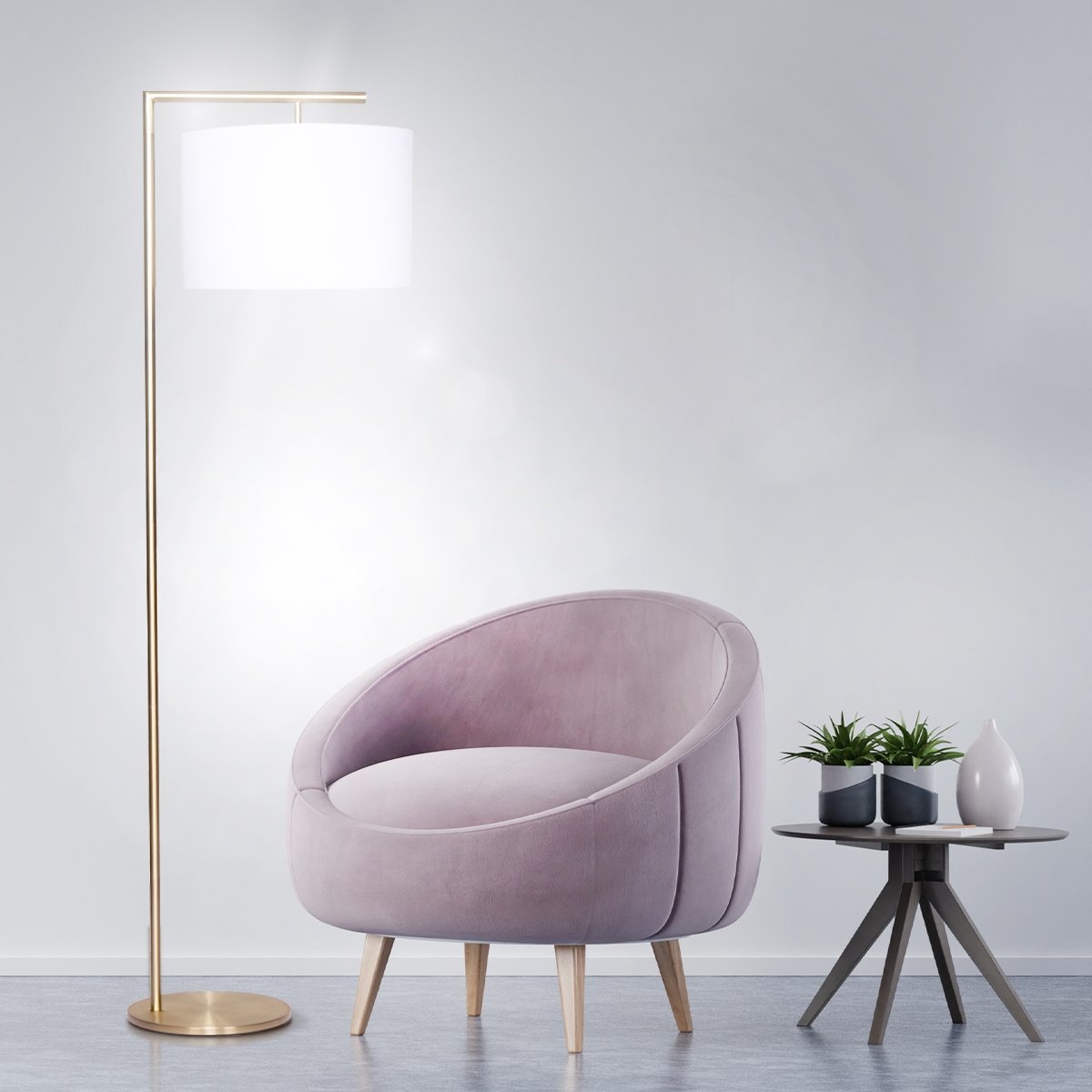 Modern metal lamp with brass finish white shade with chair and coffee table