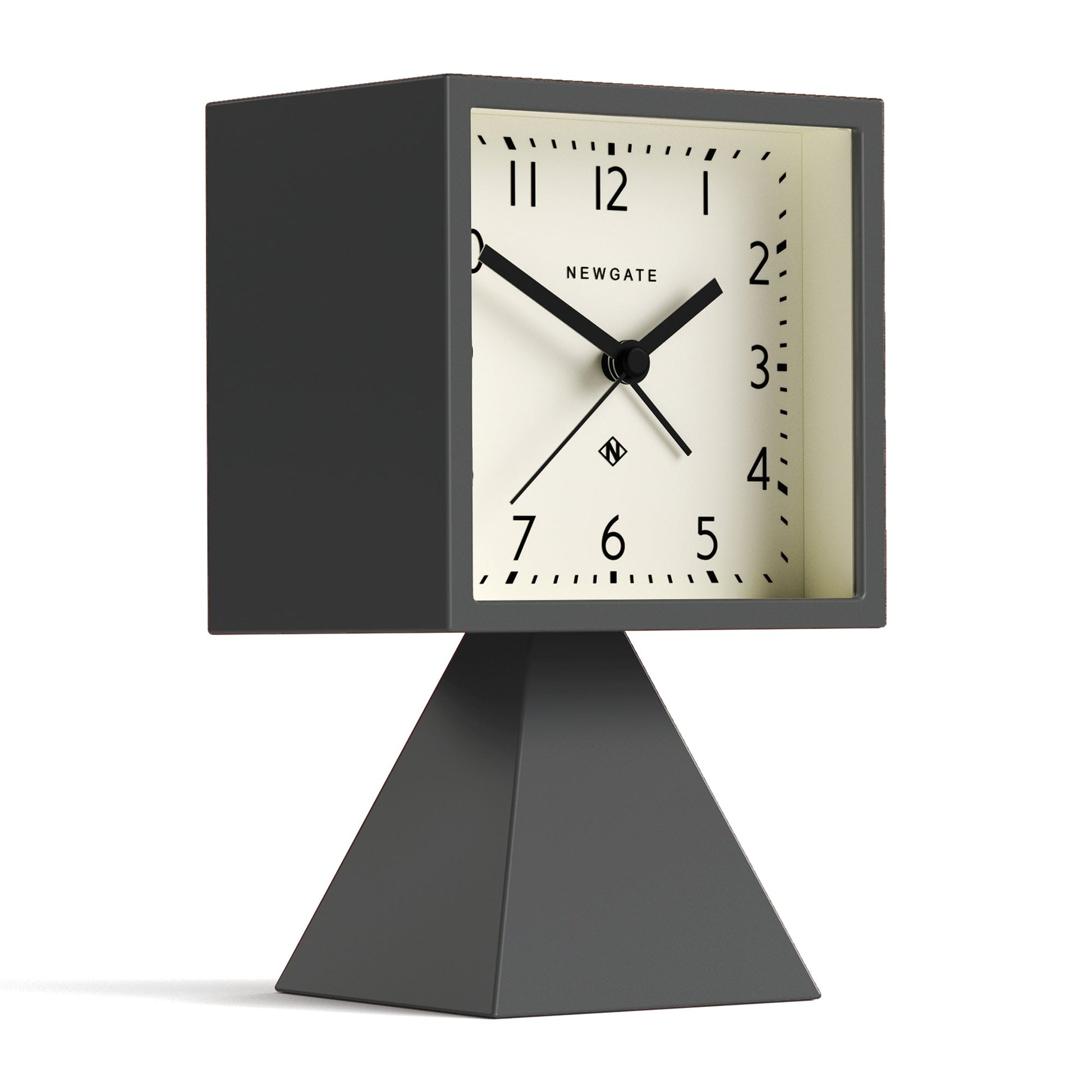 Dark grey alarm clock with square face on pyramid base