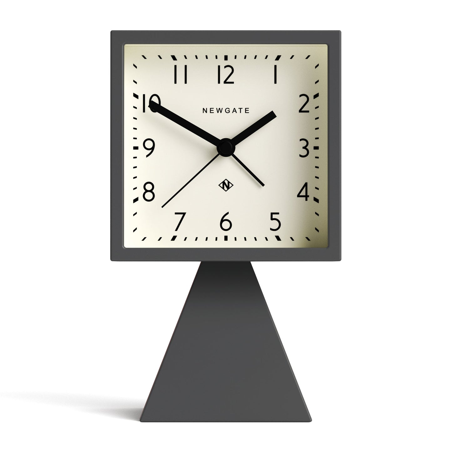 Dark grey alarm clock with square face on pyramid base