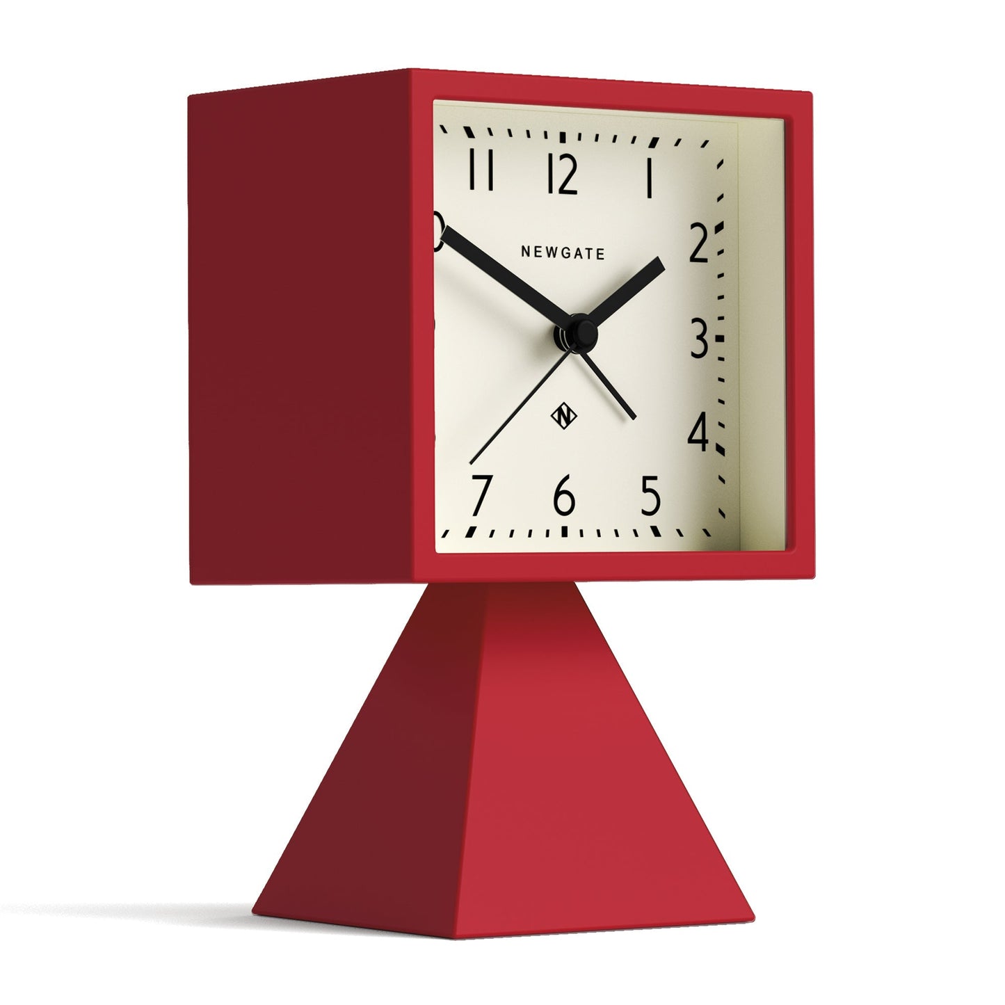 Red alarm clock with square face on pyramid base