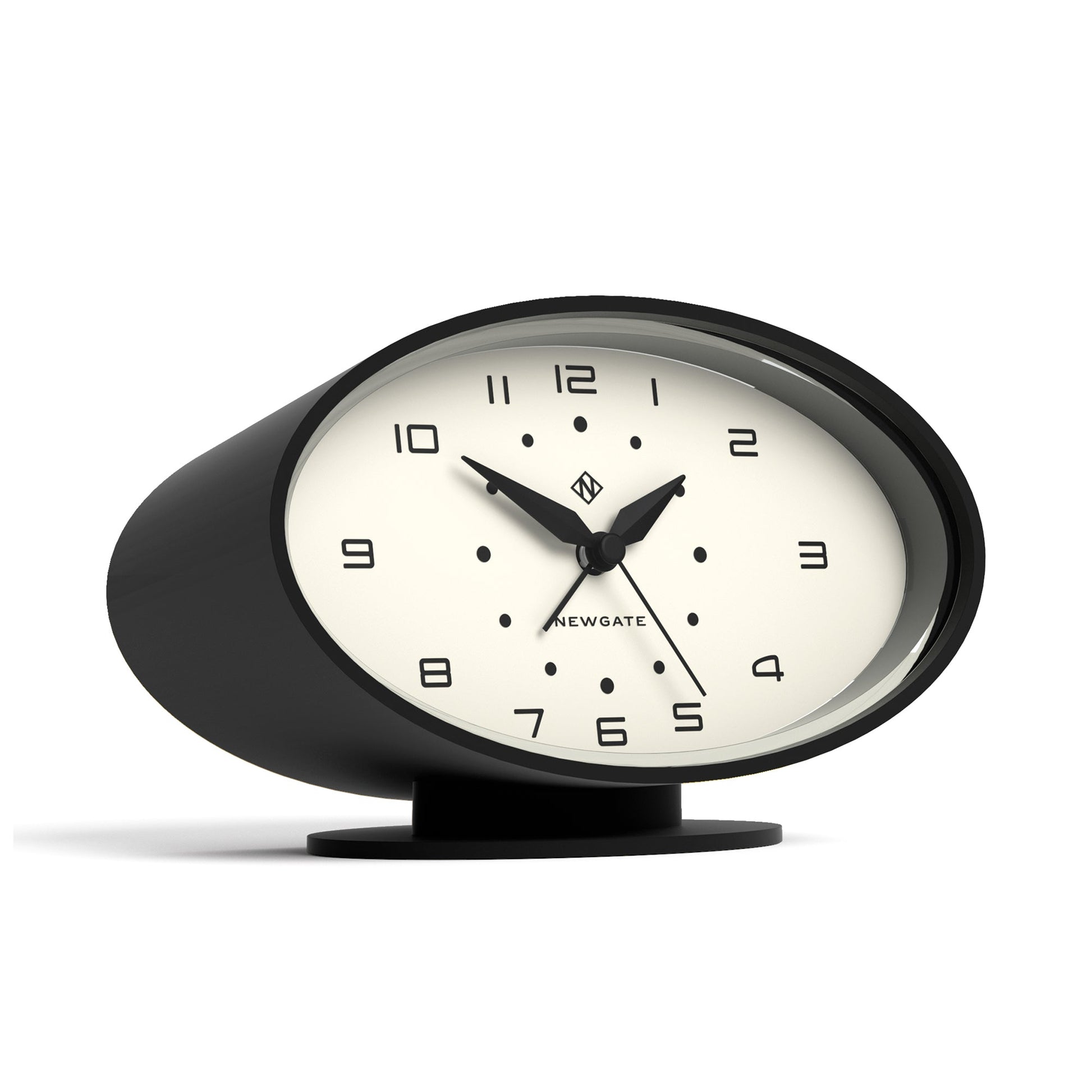 Black oval retro-inspired alarm clock on base