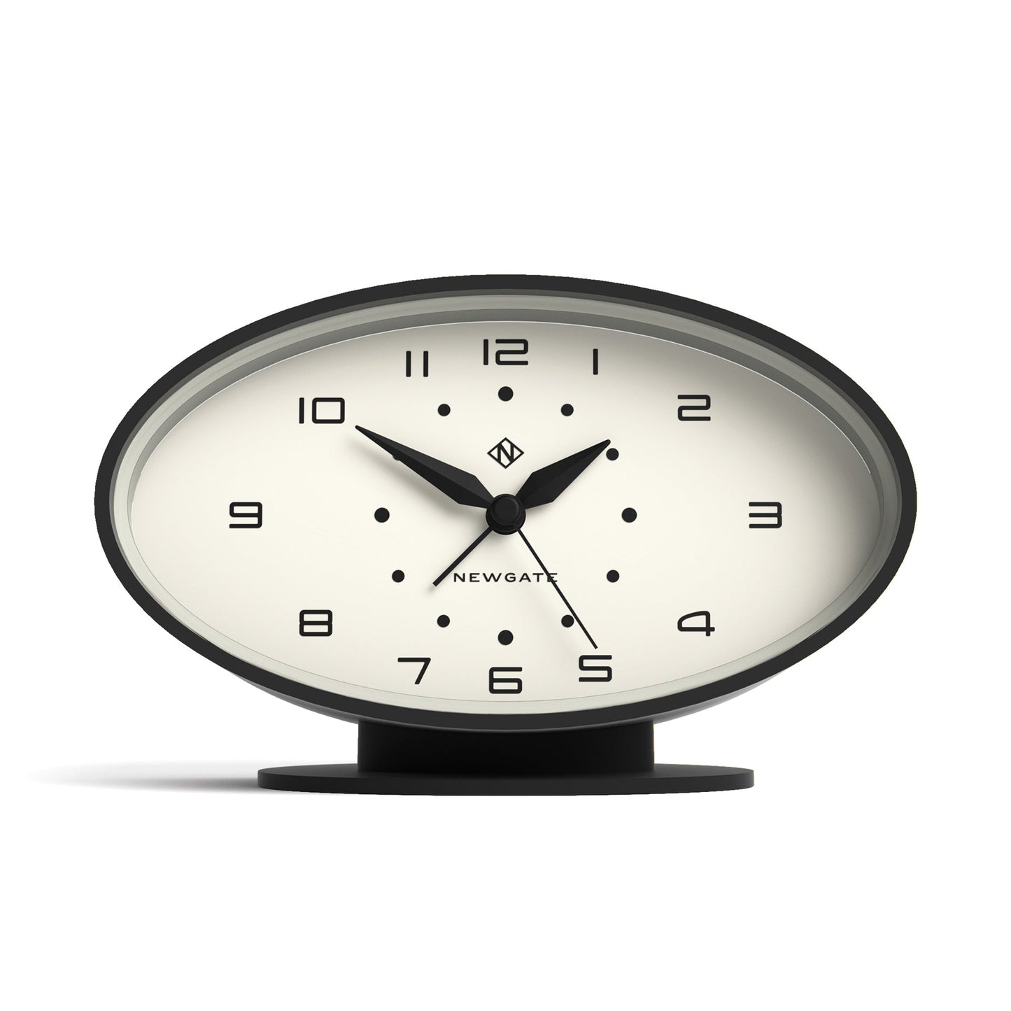 Black oval retro-inspired alarm clock on base