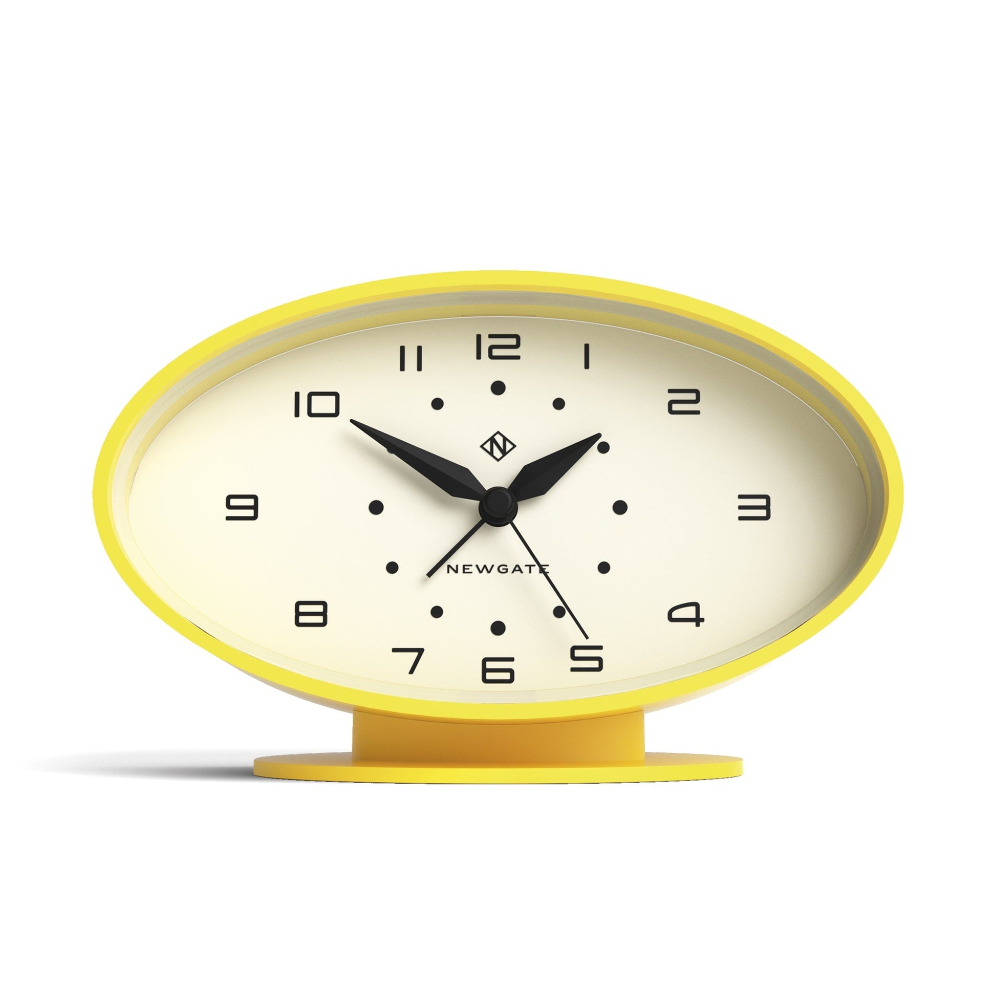 Yellow oval retro-inspired alarm clock on base