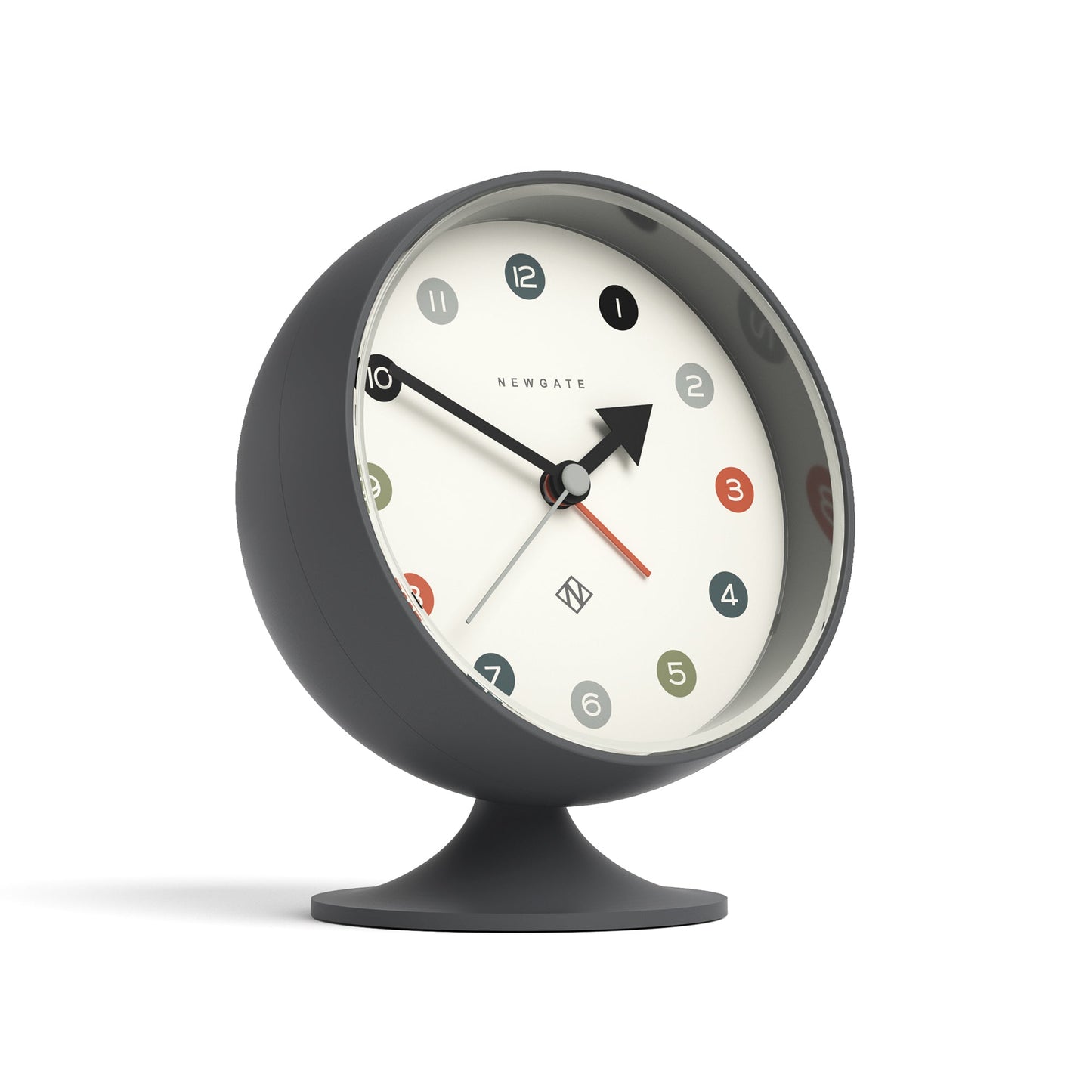 Grey round retro-inspired alarm clock on base