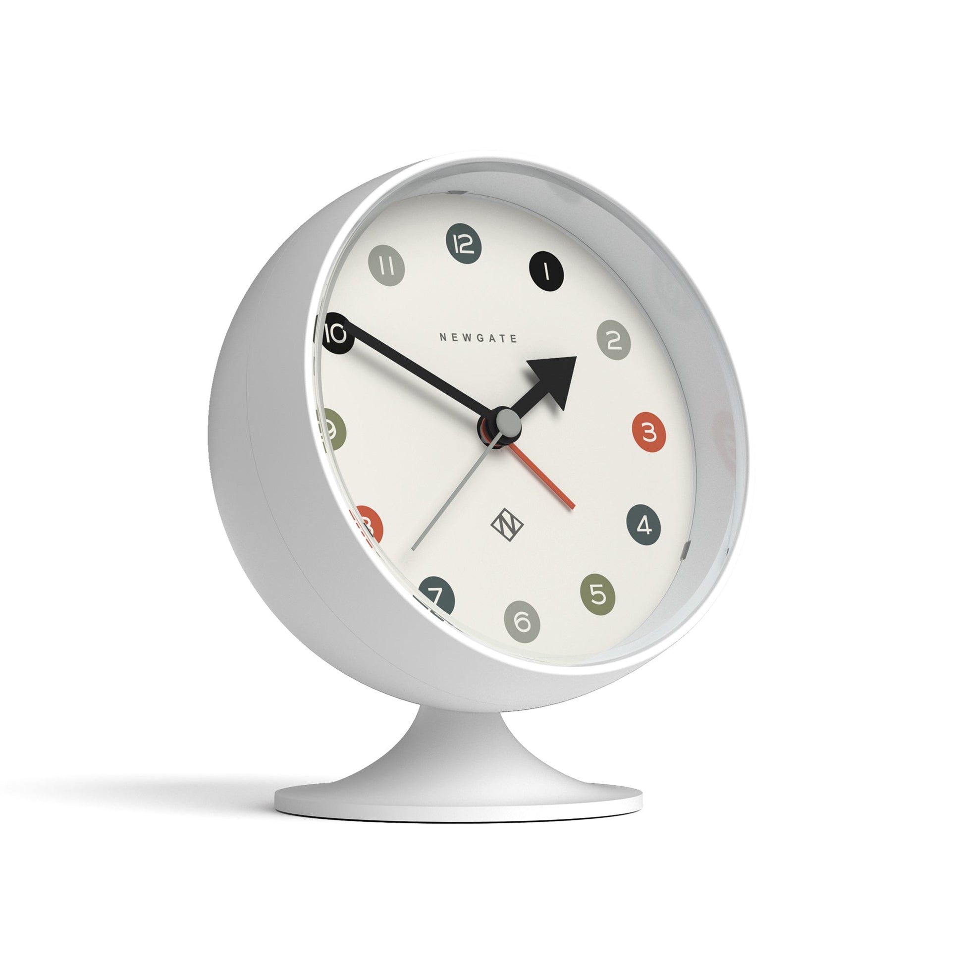 White round retro-inspired alarm clock on base