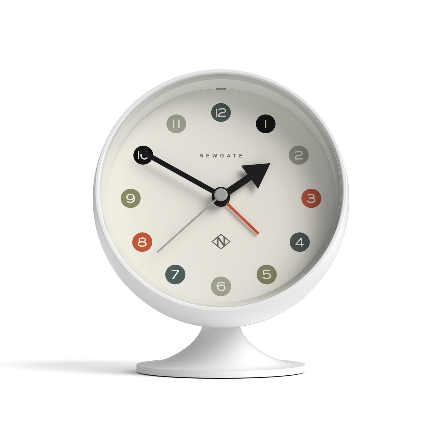 White round retro-inspired alarm clock on base