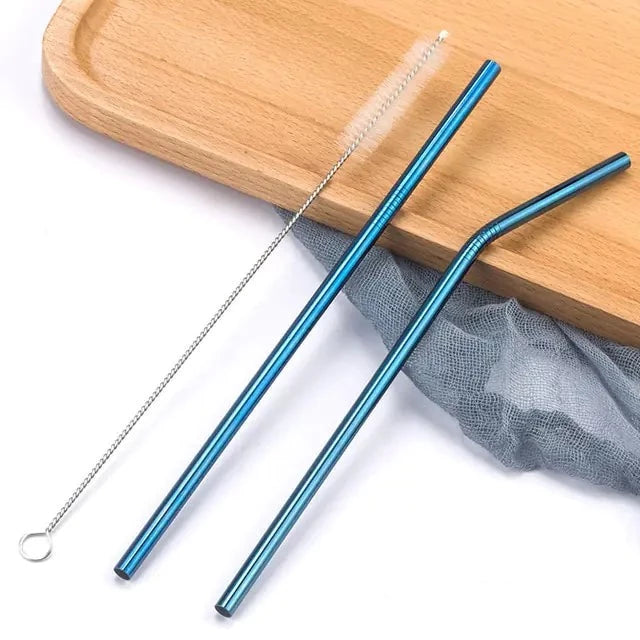 Two blue stainless steel straws with cleaning brush