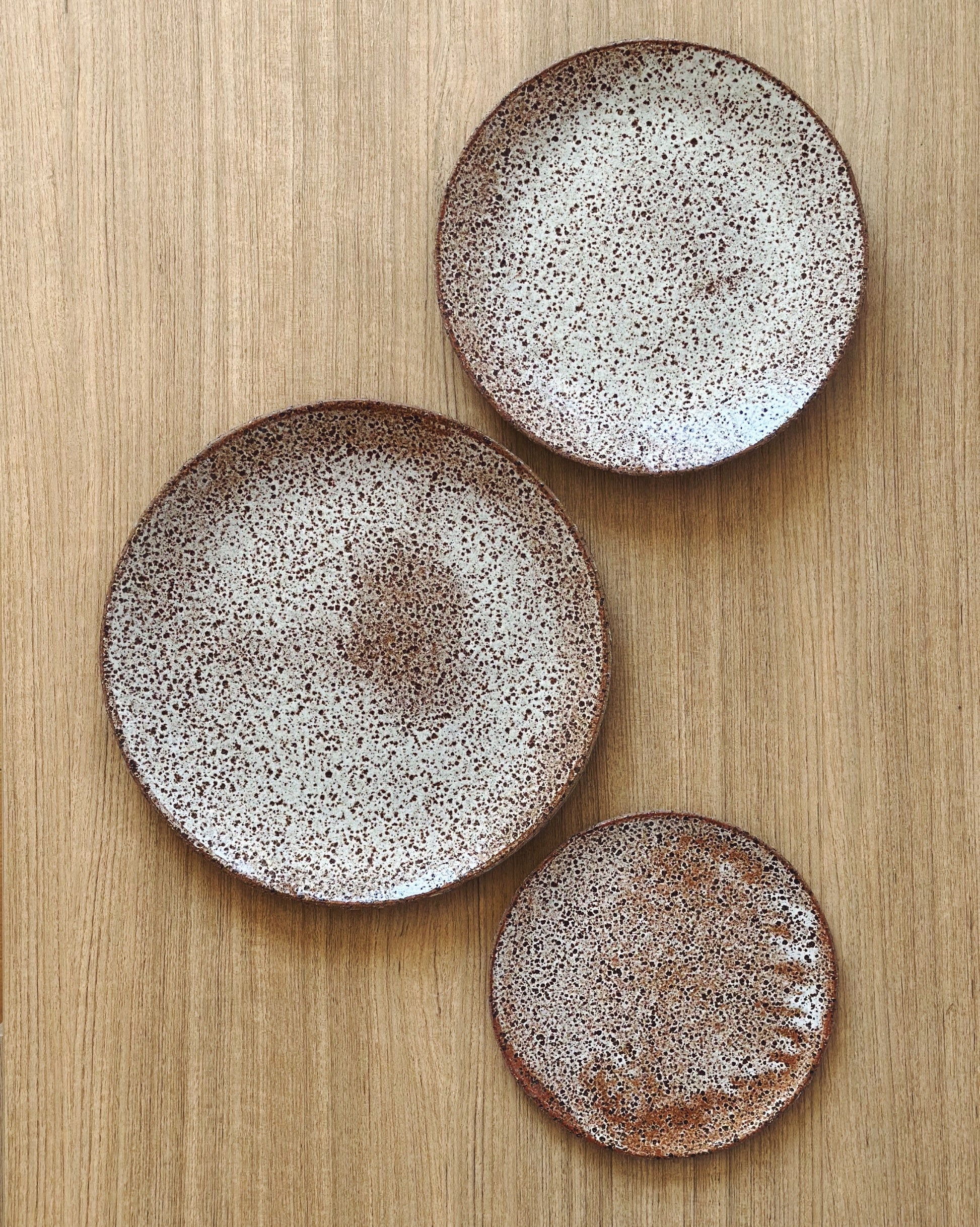 Speckled cream and brown handmade ceramic plates in three sizes