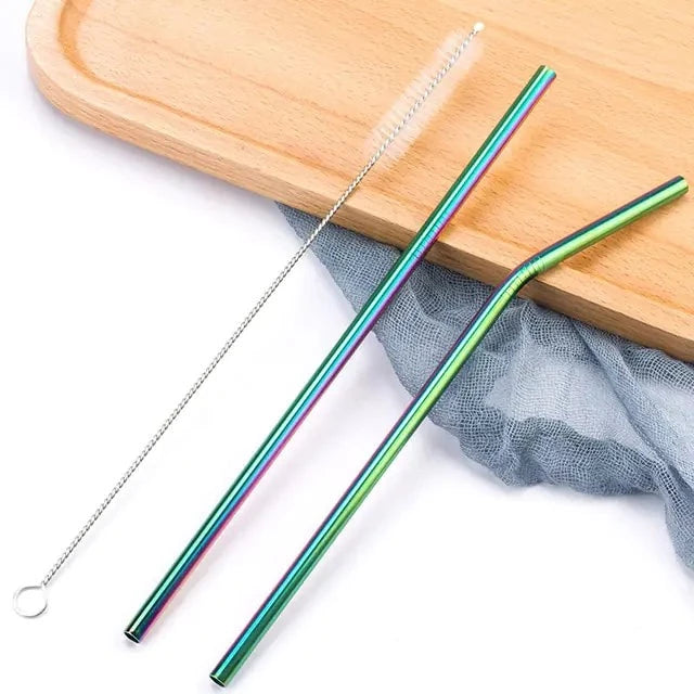 Two rainbow carnival stainless steel straws with cleaning brush