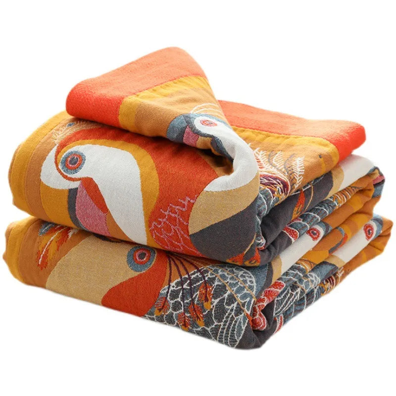 Bright cotton 6 layer gauze throw blanket with  toucans and flowers