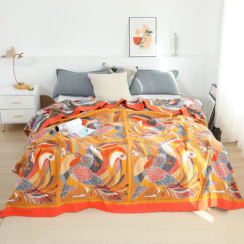 Bright cotton 6 layer gauze throw blanket with  toucans and flowers