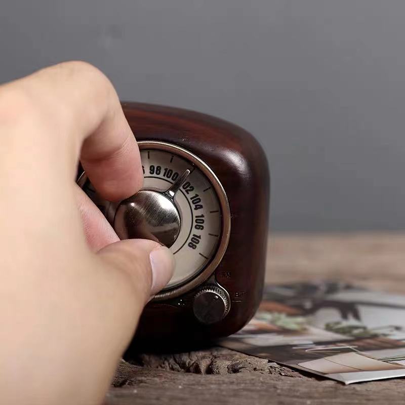 Walnut retro radio speaker close up tuning