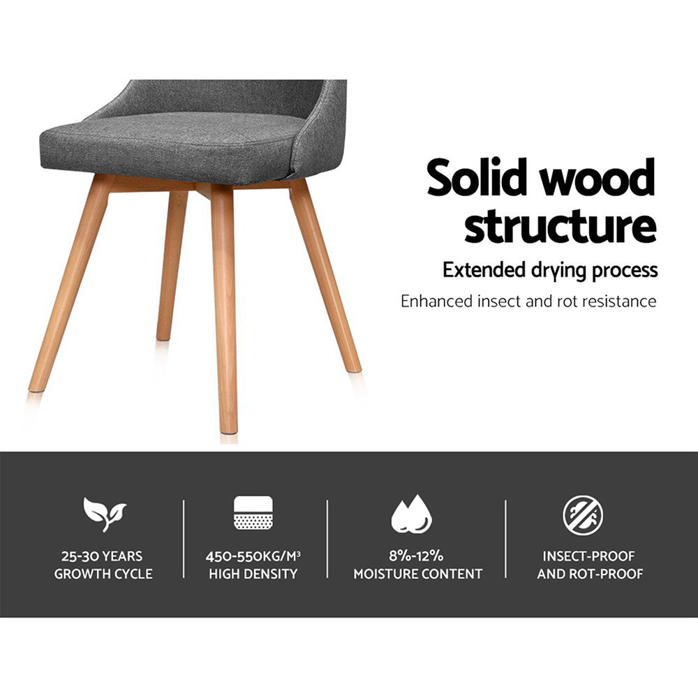 Notations on details of beech wood and grey fabric upholstered dining chair