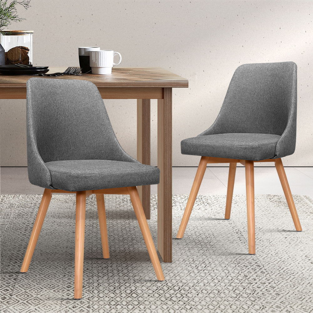 Beech wood and grey fabric upholstered dining chairs